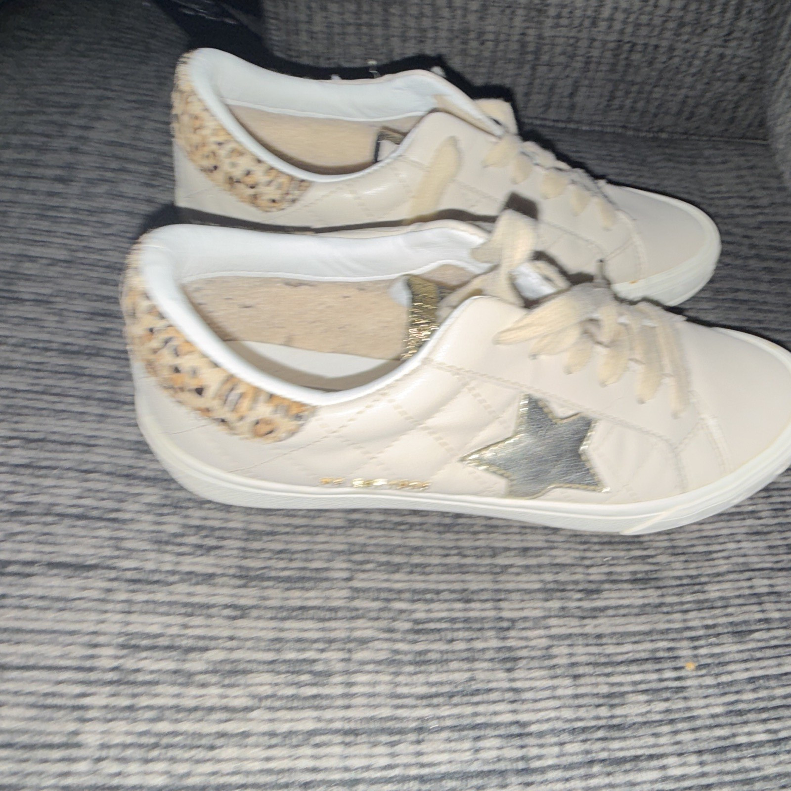 Vintage Property Beige Low Top Lace-Up Sneakers Silver Star Leopard Heel